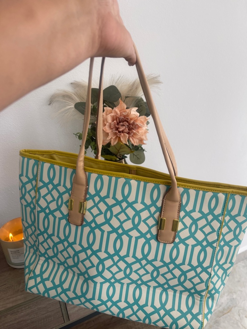 Kate Landry  Turquoise Patterned Tote Bag with Beige Handles